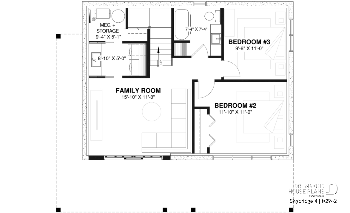 Basement - Affordable small cottage plan with walkout basement, cathedral ceiling, large fireplace and up to 3 bedrooms - Skybridge 4