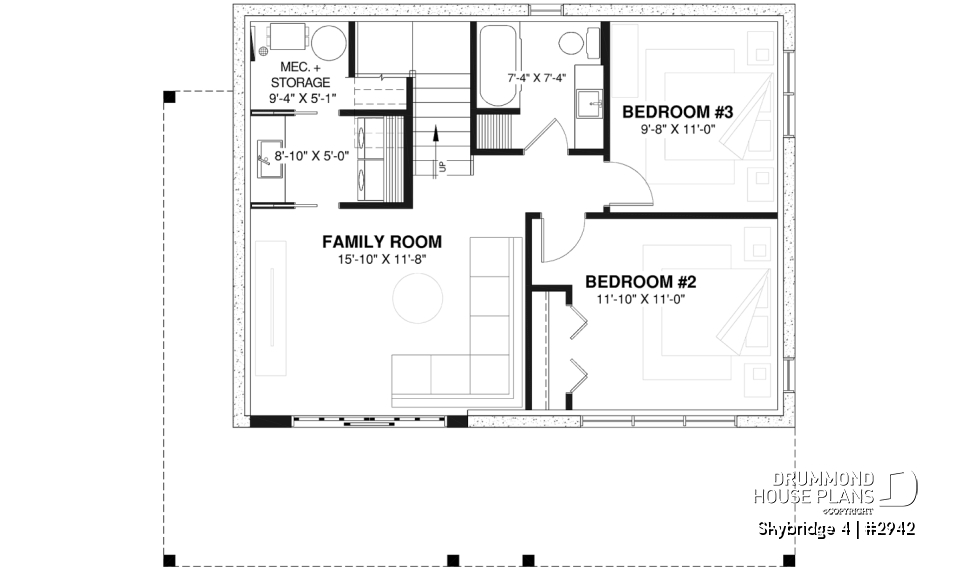 Basement - Affordable small cottage plan with walkout basement, cathedral ceiling, large fireplace and up to 3 bedrooms - Skybridge 4