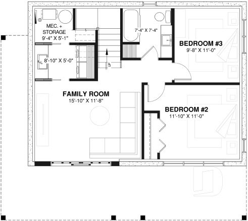 Basement - Affordable small cottage plan with walkout basement, cathedral ceiling, large fireplace and up to 3 bedrooms - Skybridge 4