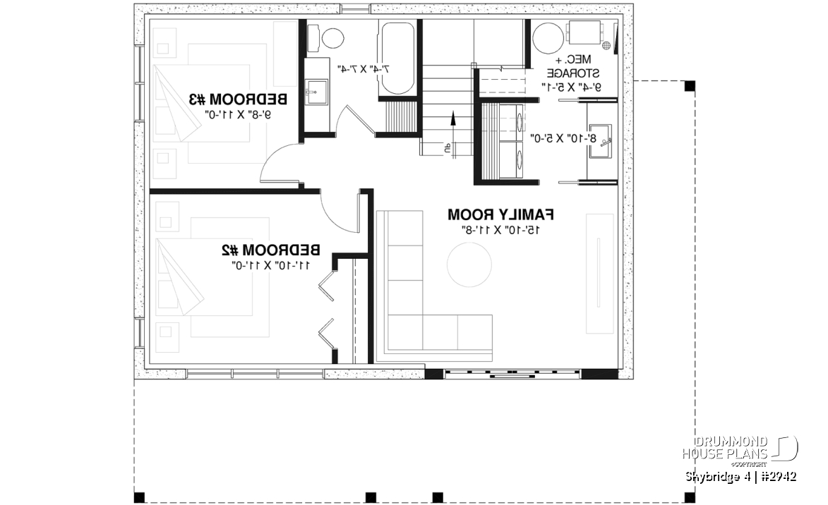 Basement - Affordable small cottage plan with walkout basement, cathedral ceiling, large fireplace and up to 3 bedrooms - Skybridge 4