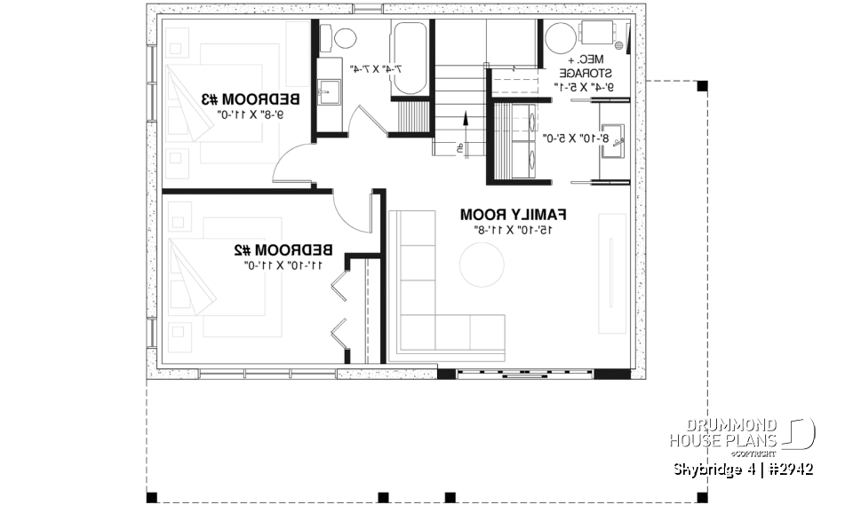 Basement - Affordable small cottage plan with walkout basement, cathedral ceiling, large fireplace and up to 3 bedrooms - Skybridge 4