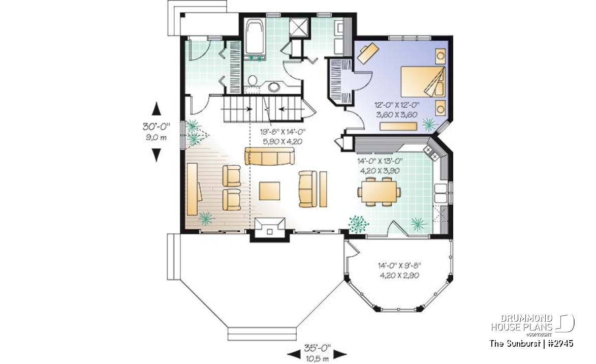 1st level - Popular cottage house plan, 3 beds, 2 baths, panoramic view, master on main, open space, mezzanine - The Sunburst