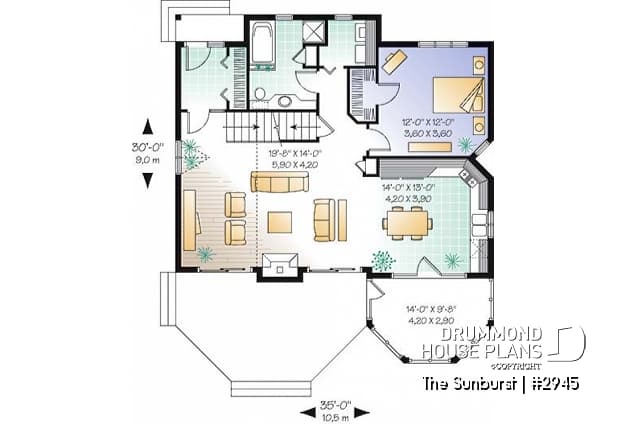 1st level - Popular cottage house plan, 3 beds, 2 baths, panoramic view, master on main, open space, mezzanine - The Sunburst