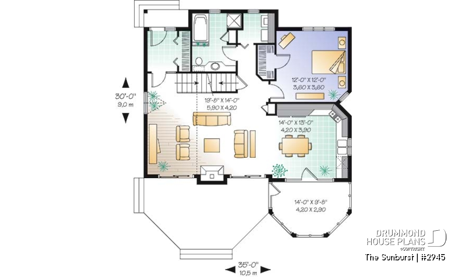 1st level - Popular cottage house plan, 3 beds, 2 baths, panoramic view, master on main, open space, mezzanine - The Sunburst