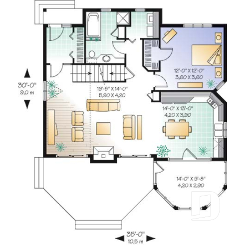 1st level - Popular cottage house plan, 3 beds, 2 baths, panoramic view, master on main, open space, mezzanine - The Sunburst