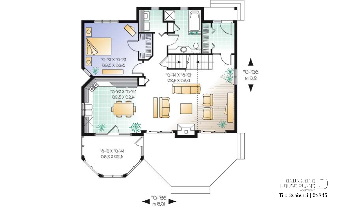 1st level - Popular cottage house plan, 3 beds, 2 baths, panoramic view, master on main, open space, mezzanine - The Sunburst