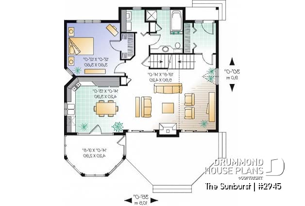 1st level - Popular cottage house plan, 3 beds, 2 baths, panoramic view, master on main, open space, mezzanine - The Sunburst