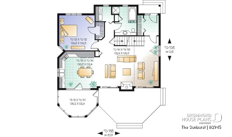 1st level - Popular cottage house plan, 3 beds, 2 baths, panoramic view, master on main, open space, mezzanine - The Sunburst