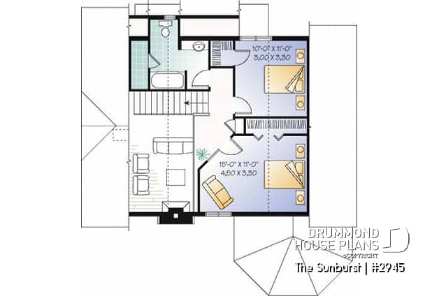 2nd level - Popular cottage house plan, 3 beds, 2 baths, panoramic view, master on main, open space, mezzanine - The Sunburst