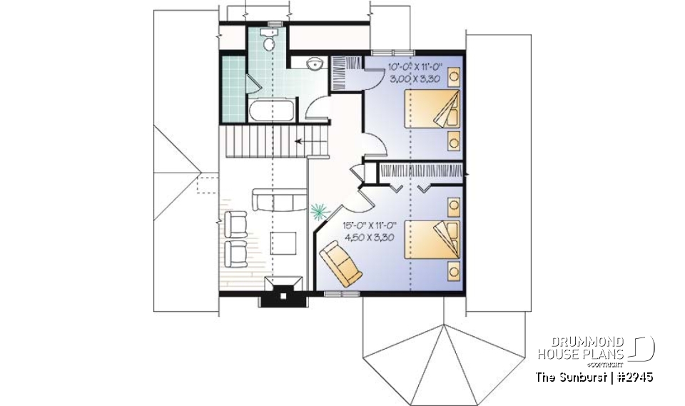 2nd level - Popular cottage house plan, 3 beds, 2 baths, panoramic view, master on main, open space, mezzanine - The Sunburst