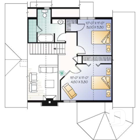 2nd level - Popular cottage house plan, 3 beds, 2 baths, panoramic view, master on main, open space, mezzanine - The Sunburst
