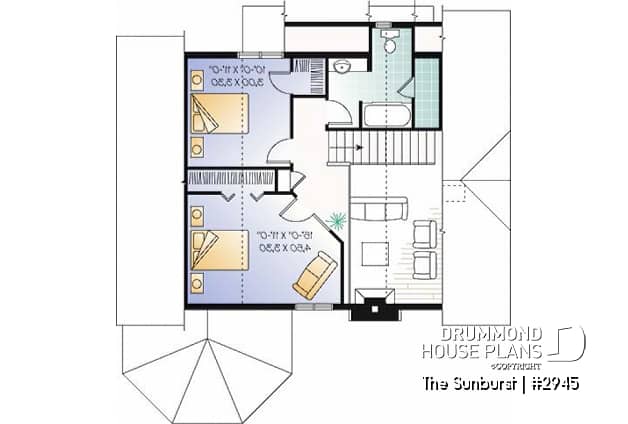 2nd level - Popular cottage house plan, 3 beds, 2 baths, panoramic view, master on main, open space, mezzanine - The Sunburst