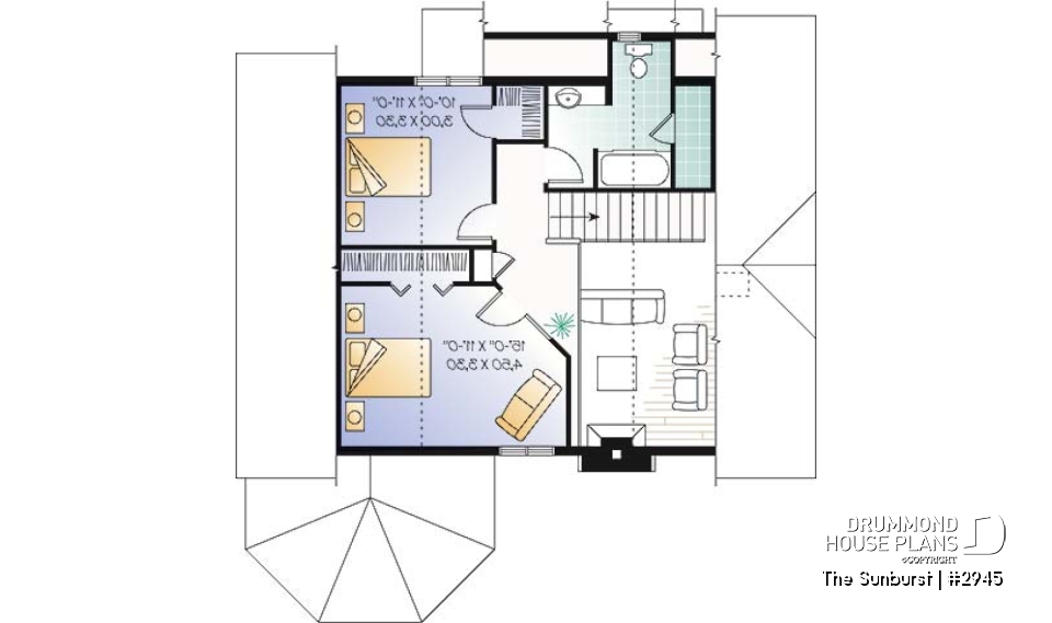 2nd level - Popular cottage house plan, 3 beds, 2 baths, panoramic view, master on main, open space, mezzanine - The Sunburst