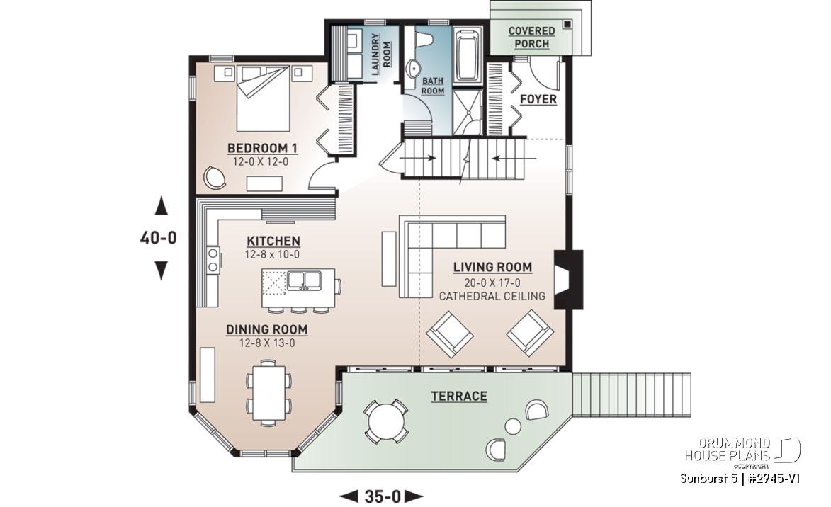 1st level - Charming 3 bedroom cottage house plan, 2 bathrooms, mezzanine, unfinished walkout basement - Sunburst 5