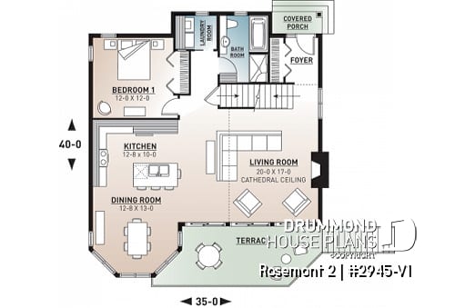 1st level - Charming 3 bedroom cottage house plan, 2 bathrooms, mezzanine, unfinished walkout basement - Rosemont 2