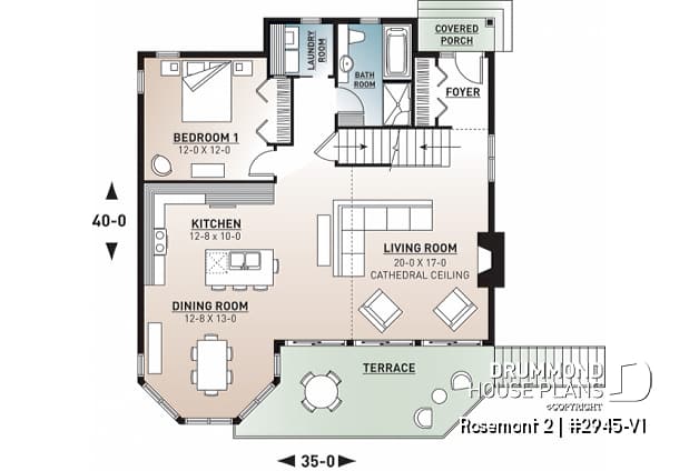 1st level - Charming 3 bedroom cottage house plan, 2 bathrooms, mezzanine, unfinished walkout basement - Rosemont 2
