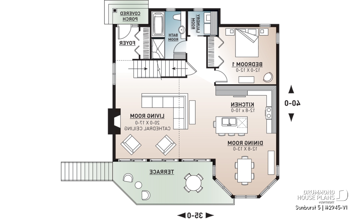 1st level - Charming 3 bedroom cottage house plan, 2 bathrooms, mezzanine, unfinished walkout basement - Sunburst 5
