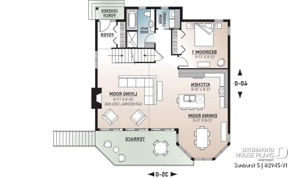1st level - Charming 3 bedroom cottage house plan, 2 bathrooms, mezzanine, unfinished walkout basement - Sunburst 5