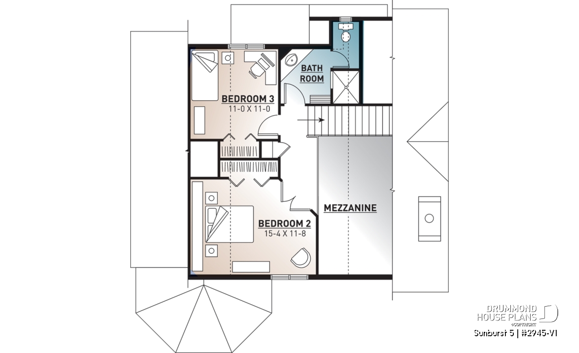 2nd level - Charming 3 bedroom cottage house plan, 2 bathrooms, mezzanine, unfinished walkout basement - Sunburst 5