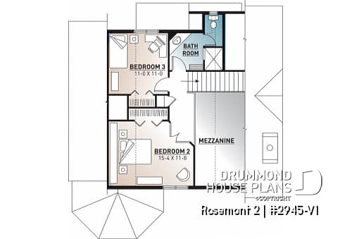 2nd level - Charming 3 bedroom cottage house plan, 2 bathrooms, mezzanine, unfinished walkout basement - Rosemont 2