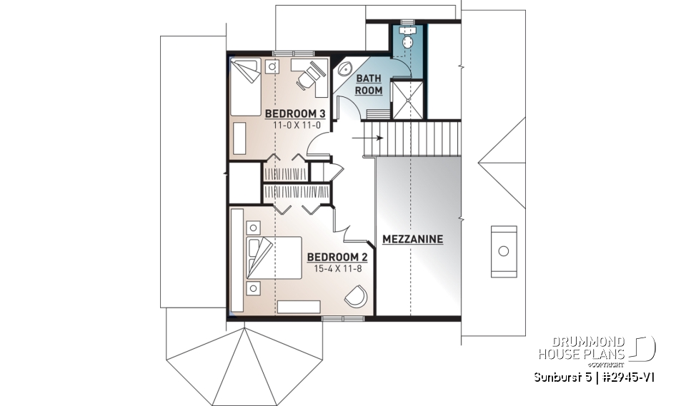 2nd level - Charming 3 bedroom cottage house plan, 2 bathrooms, mezzanine, unfinished walkout basement - Sunburst 5