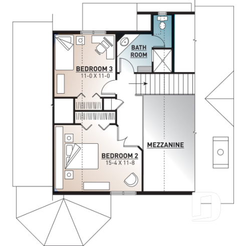 2nd level - Charming 3 bedroom cottage house plan, 2 bathrooms, mezzanine, unfinished walkout basement - Sunburst 5