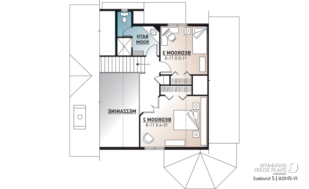 2nd level - Charming 3 bedroom cottage house plan, 2 bathrooms, mezzanine, unfinished walkout basement - Sunburst 5