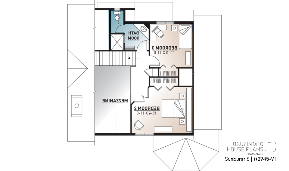 2nd level - Charming 3 bedroom cottage house plan, 2 bathrooms, mezzanine, unfinished walkout basement - Sunburst 5