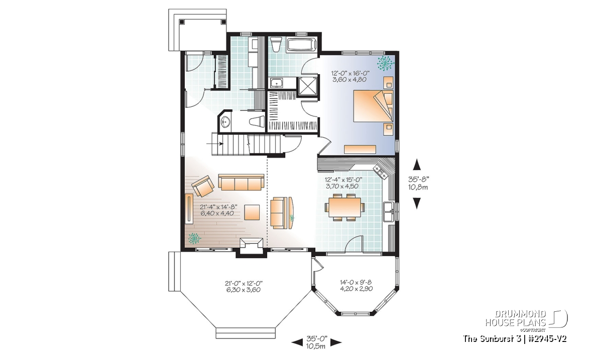 1st level - Popular small country home plan with 4 bedrooms - 2 bathrooms chalet style with open floor plans, master suite - The Sunburst 3