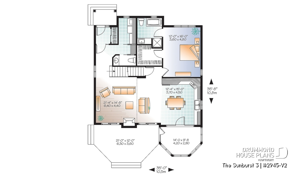 1st level - Popular small country home plan with 4 bedrooms - 2 bathrooms chalet style with open floor plans, master suite - The Sunburst 3