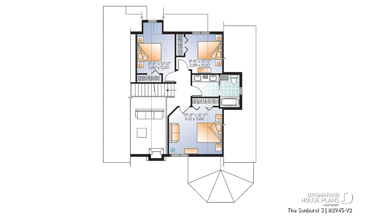 2nd level - Popular small country home plan with 4 bedrooms - 2 bathrooms chalet style with open floor plans, master suite - The Sunburst 3