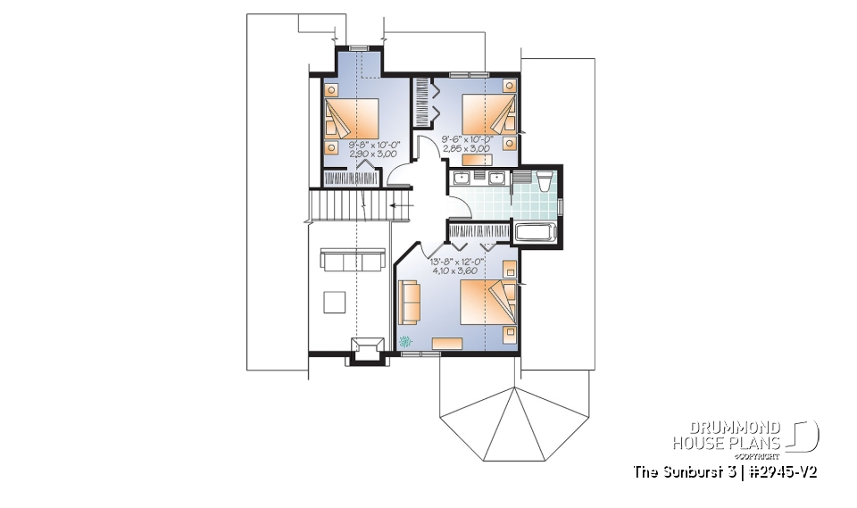2nd level - Popular small country home plan with 4 bedrooms - 2 bathrooms chalet style with open floor plans, master suite - The Sunburst 3