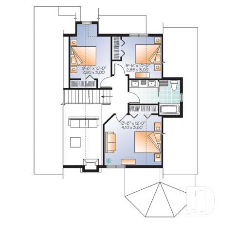 2nd level - Popular small country home plan with 4 bedrooms - 2 bathrooms chalet style with open floor plans, master suite - The Sunburst 3