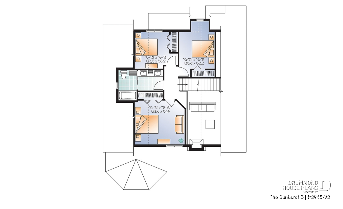 2nd level - Popular small country home plan with 4 bedrooms - 2 bathrooms chalet style with open floor plans, master suite - The Sunburst 3