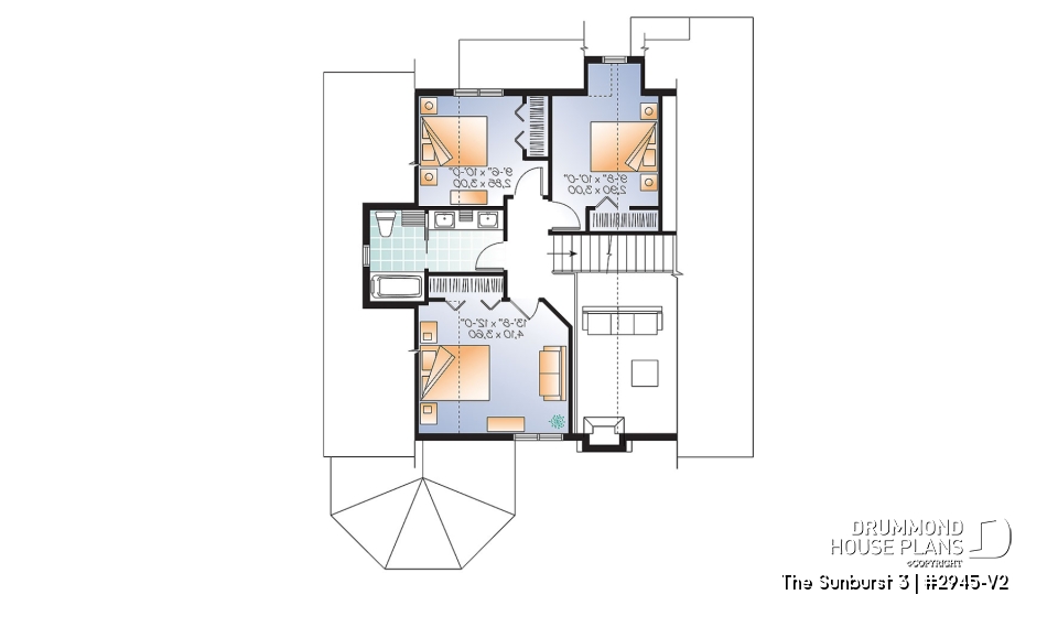 2nd level - Popular small country home plan with 4 bedrooms - 2 bathrooms chalet style with open floor plans, master suite - The Sunburst 3