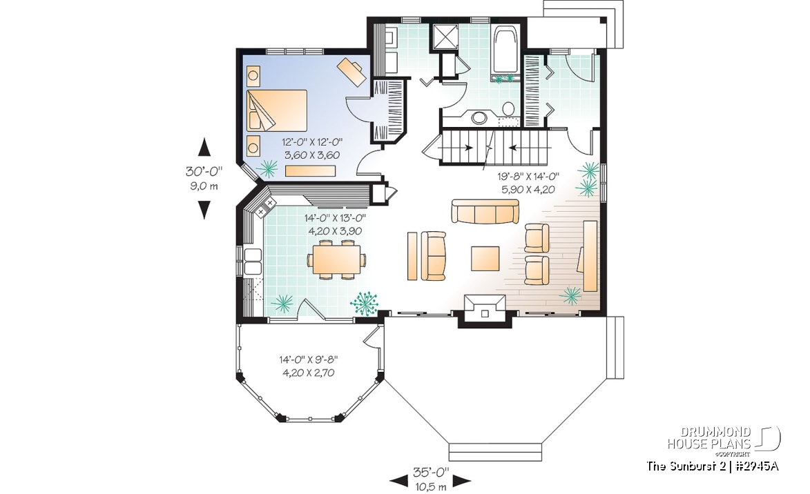 1st level - Country style cottage plan with a screened in porch, 3 bedrooms, 2 baths, cathedral ceiling &amp; mezzanine - The Sunburst 2