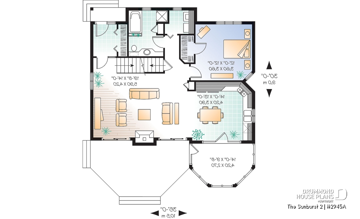 1st level - Country style cottage plan with a screened in porch, 3 bedrooms, 2 baths, cathedral ceiling &amp; mezzanine - The Sunburst 2