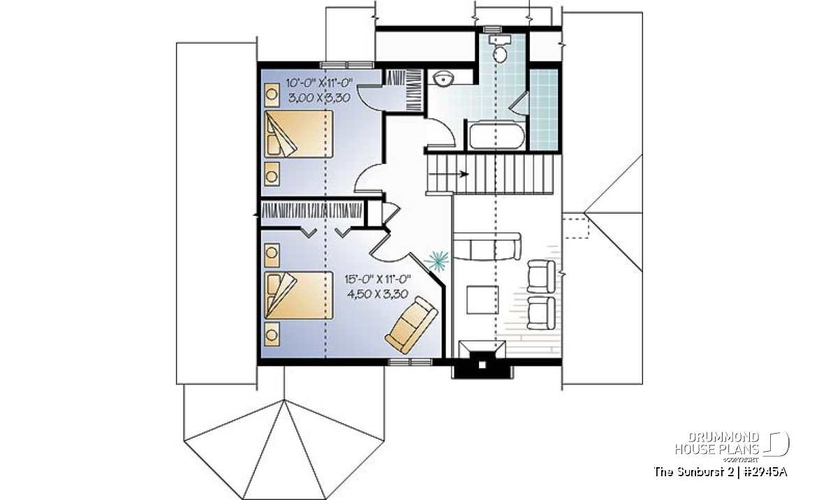 2nd level - Country style cottage plan with a screened in porch, 3 bedrooms, 2 baths, cathedral ceiling &amp; mezzanine - The Sunburst 2