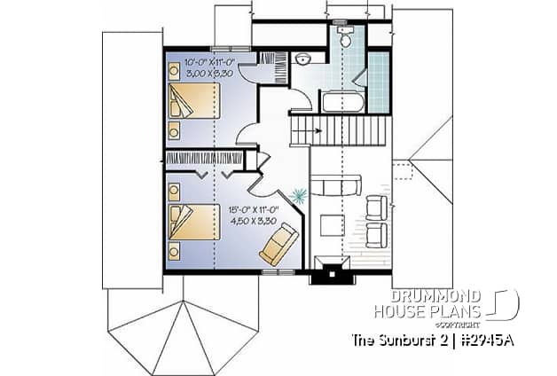 2nd level - Country style cottage plan with a screened in porch, 3 bedrooms, 2 baths, cathedral ceiling & mezzanine - The Sunburst 2