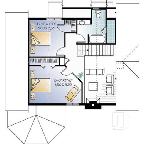 2nd level - Country style cottage plan with a screened in porch, 3 bedrooms, 2 baths, cathedral ceiling & mezzanine - The Sunburst 2