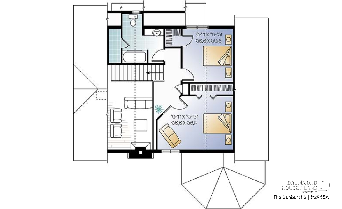 2nd level - Country style cottage plan with a screened in porch, 3 bedrooms, 2 baths, cathedral ceiling &amp; mezzanine - The Sunburst 2