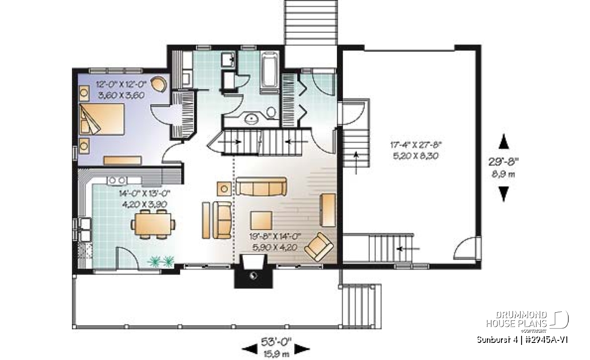 1st level - Rustic country cottage home plan with garage, 3 bedrooms, fireplace, mezzanine, cathedral ceiling - Sunburst 4