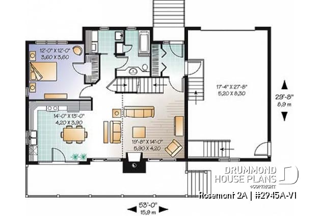 1st level - Rustic country cottage home plan with garage, 3 bedrooms, fireplace, mezzanine, cathedral ceiling - Rosemont 2A