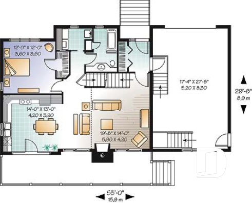 1st level - Rustic country cottage home plan with garage, 3 bedrooms, fireplace, mezzanine, cathedral ceiling - Sunburst 4