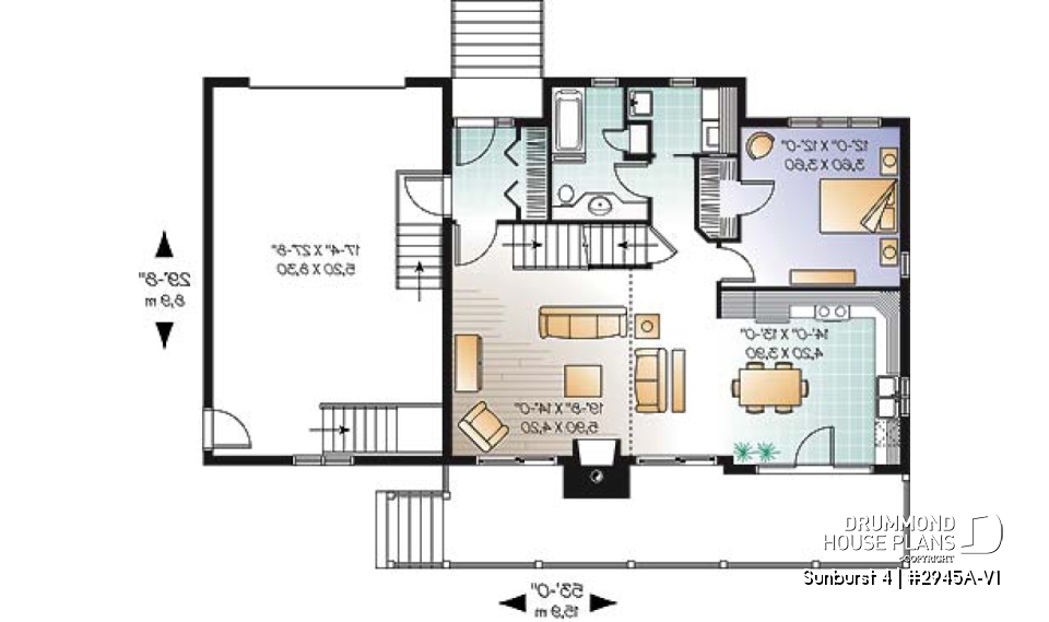 1st level - Rustic country cottage home plan with garage, 3 bedrooms, fireplace, mezzanine, cathedral ceiling - Sunburst 4