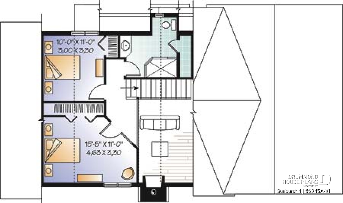 2nd level - Rustic country cottage home plan with garage, 3 bedrooms, fireplace, mezzanine, cathedral ceiling - Sunburst 4