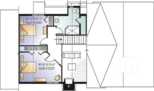 2nd level - Rustic country cottage home plan with garage, 3 bedrooms, fireplace, mezzanine, cathedral ceiling - Sunburst 4