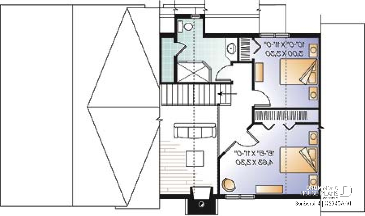 2nd level - Rustic country cottage home plan with garage, 3 bedrooms, fireplace, mezzanine, cathedral ceiling - Sunburst 4