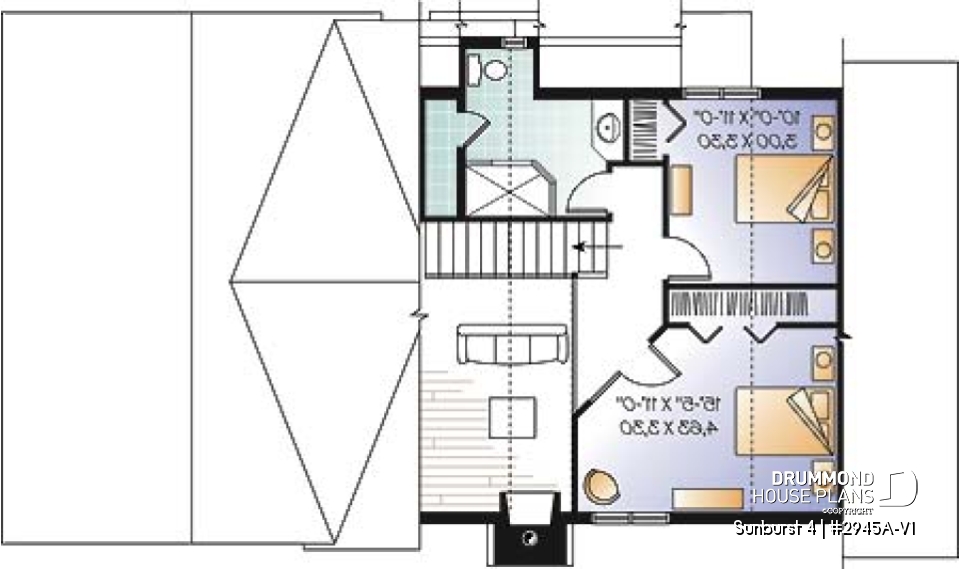 2nd level - Rustic country cottage home plan with garage, 3 bedrooms, fireplace, mezzanine, cathedral ceiling - Sunburst 4