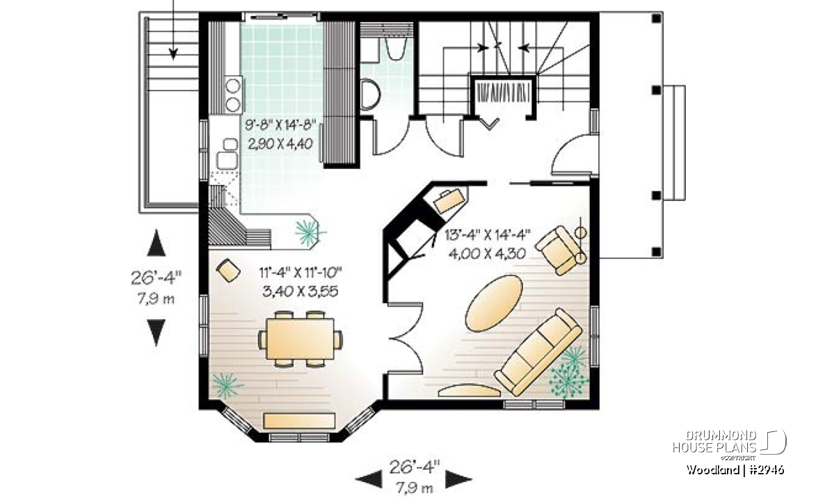 1st level - Scandinavian family wood cottage house plan, 2 bedrooms, mezzanine, low budget, great style - Woodland